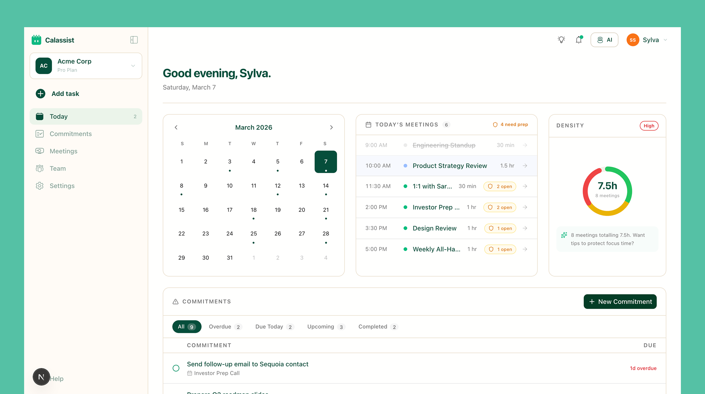 CalAssist dashboard showing today's meetings, commitments, and pre-meeting briefs
